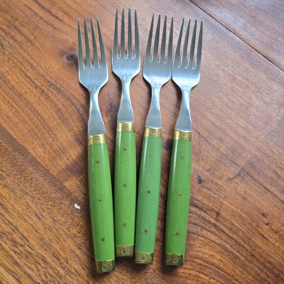 Vintage Marcel Cotte Forks French Stainless Steel Brass Bakelite? Green Handle - Picture 1 of 9